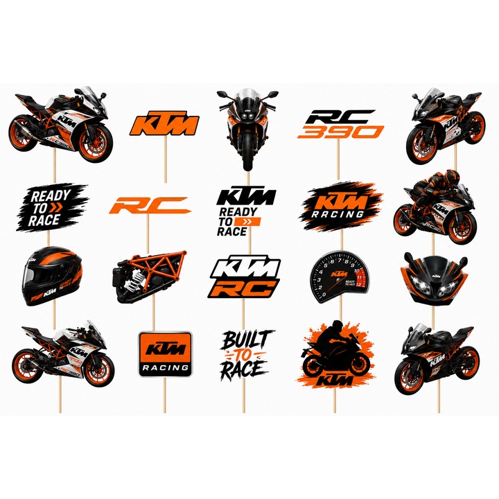 Set toppere tort MOTOCICLETA KTM RC, 15 figurine, carton, suporti din lemn inclusi