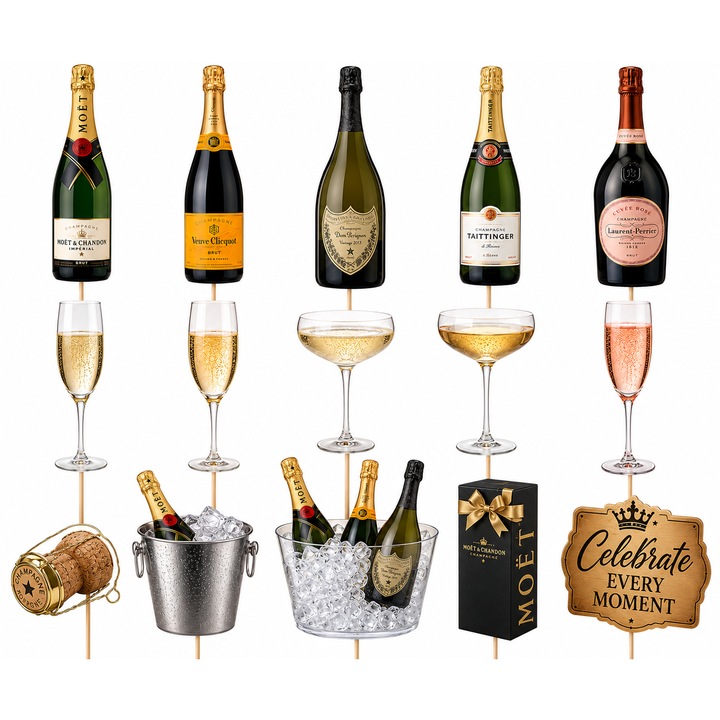 Set toppere tort SAMPANIE, DecoParty, 15 figurine, carton, suporti din lemn inclusi