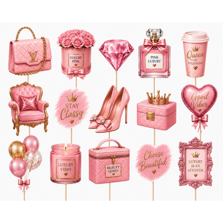 Set toppere tort Luxury Pink, 15 figurine, carton, suporti din lemn inclusi