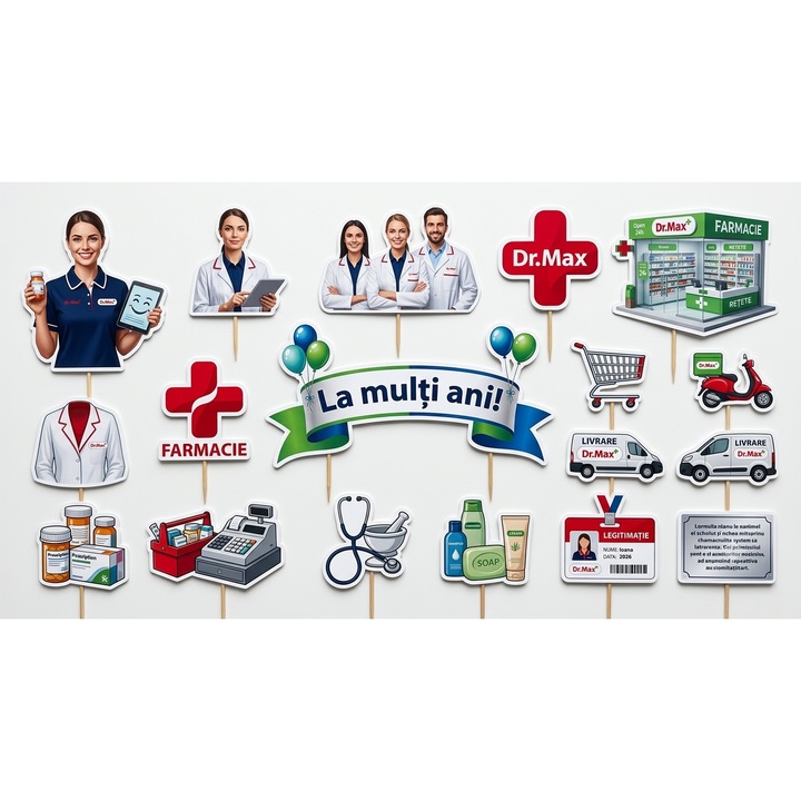 Set toppere tort FARMACIST DR. MAX, DecoParty, 18 figurine, carton, suporti din lemn inclusi