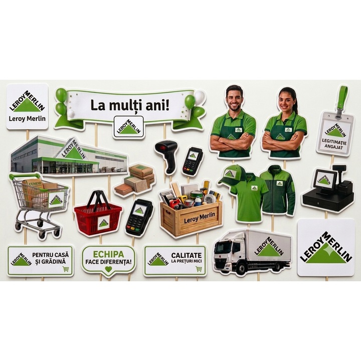 Set toppere tort LUCRATOR COMERCIAL LERLOY MERLIN, DecoParty, 19 figurine, carton, suporti din lemn inclusi