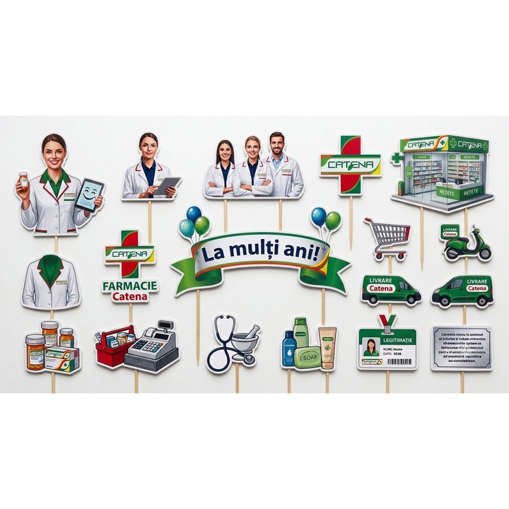 Set toppere tort FARMACIST CATENA, DecoParty, 18 figurine, carton, suporti din lemn inclusi
