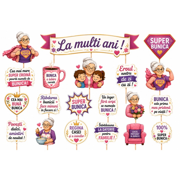 Set toppere tort SUPER BUNICA, DecoParty, 20 figurine, carton, suporti din lemn inclusi