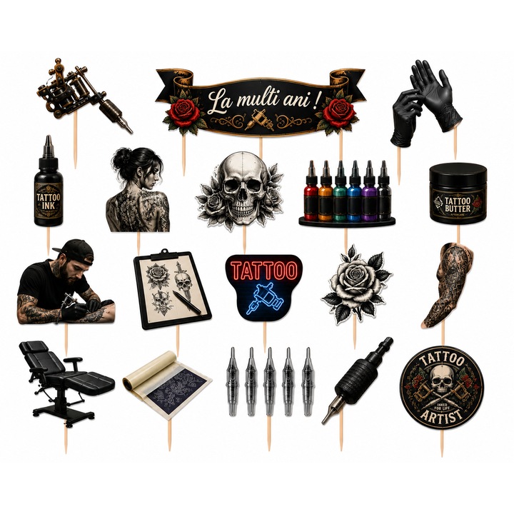 Set toppere tort TATOO ARTIST, DecoParty, 18 figurine, carton, suporti din lemn inclusi