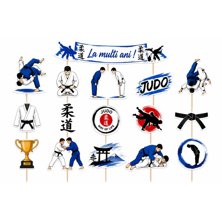 Set toppere tort SPORT JUDO, 16 figurine, carton, suporti din lemn inclusi