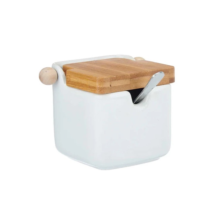 Zaharniță Vessia, ceramică, cu capac de bambus, albă