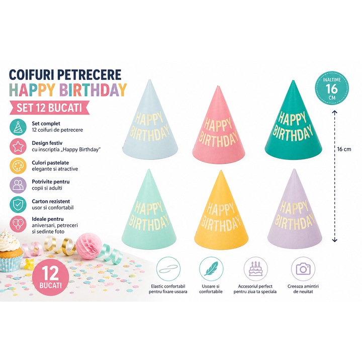 Coifuri Petrecere Happy Birthday, Set 12 Bucati, Multicolor, Unisex, Carton Rezistent, Inaltime 16 cm, Accesorii Aniversare Copii si Adulti