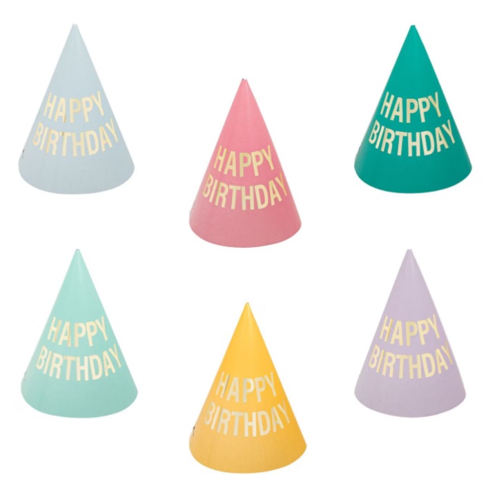 Coifuri Petrecere Happy Birthday, Set 12 Bucati, Multicolor, Unisex, Carton Rezistent, Inaltime 16 cm, Accesorii Aniversare Copii si Adulti