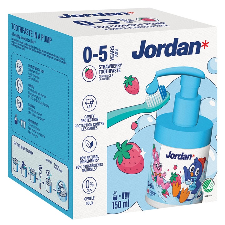 Jordan Kids Toothpaste Pump 0–5 Years Children’s Toothpaste with Pump for Children Aged 0–5 Years, Fruit Flavour, 500ppm, 150ml