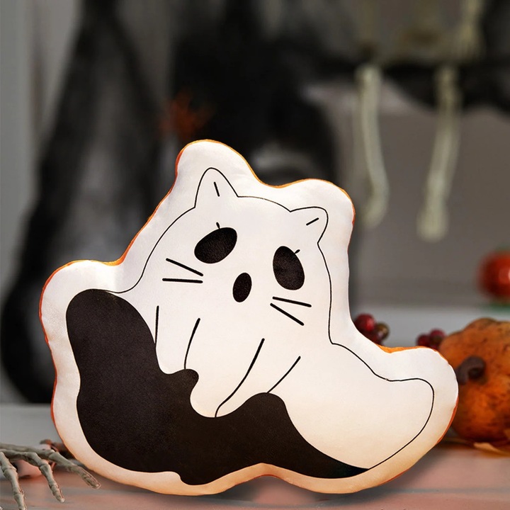 Perna decorativa Halloween YANYXR, design extraterestru si dovleac, alb-galben, 32cm