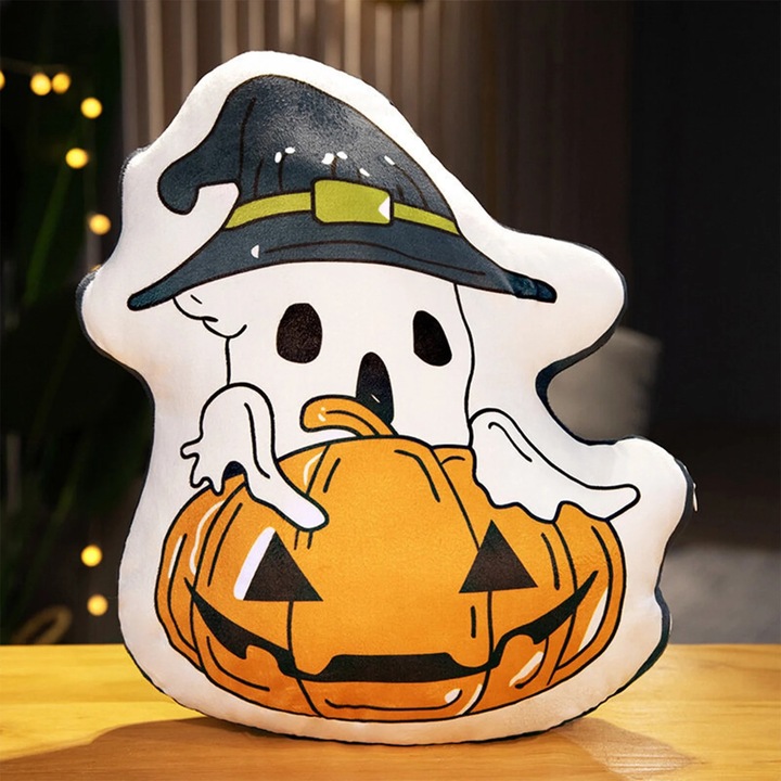 Perna decorativa Halloween YANYXR, design extraterestru si dovleac, alb-galben, 32cm