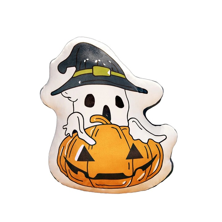 Perna decorativa Halloween YANYXR, design extraterestru si dovleac, alb-galben, 32cm