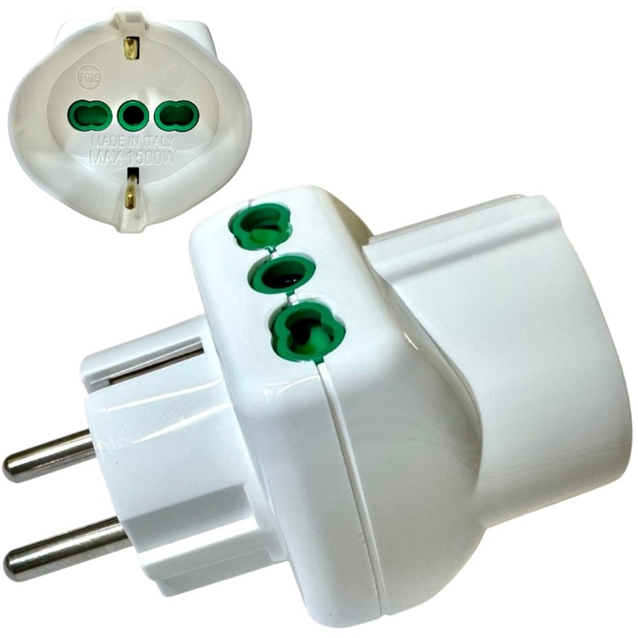 Adaptor Triplu, Stecher 3 Prize, 2x Prize Italiene 2P+E 16A, 1x Priza Schuko/Italiana 2P+E 16A, AC 250V, 1500W, Protectie Copii, Alb, 82x46x50mm, Fanton Italia