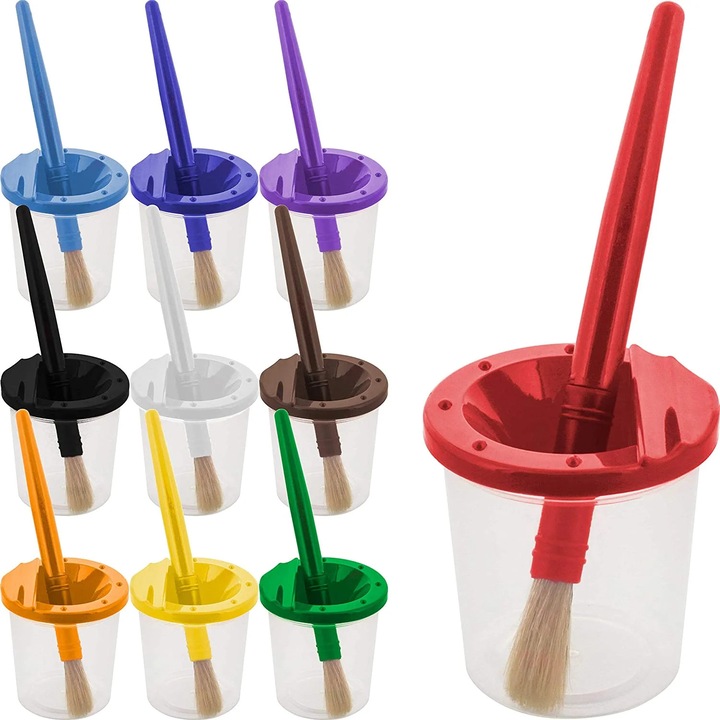 Set 10 pahare vopsea fara scurgeri multicolor si 10 pensule rotunde mari YANYXR