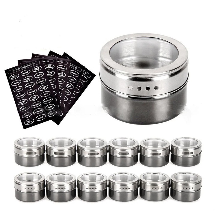 Set 12 recipiente magnetice condimente YANYXR, capac 3oz, capac transparent, 5x7cm