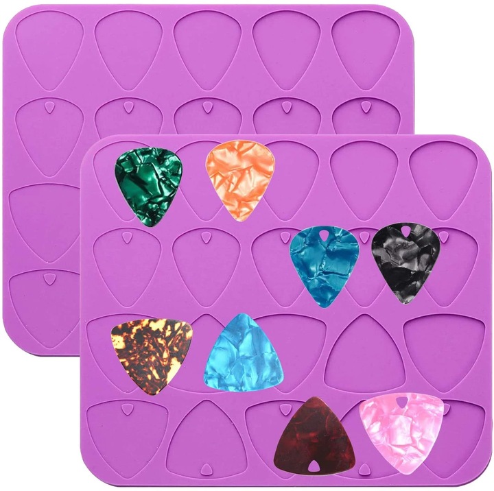 Set 2 matrite silicon pentru plectre chitara, diferite grosimi, mov, 3x3cm
