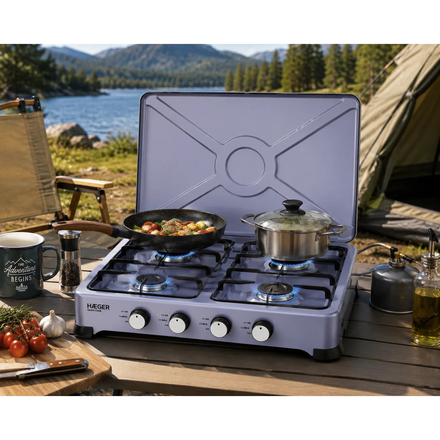 Aragaz portabil cu 4 arzatoare HAEGER QUAD COOK, Dimensiuni 500x500x115mm, Anticoroziv, Aluminiu, Suprafata usor de curatat, Manere decorative inox, Argintiu