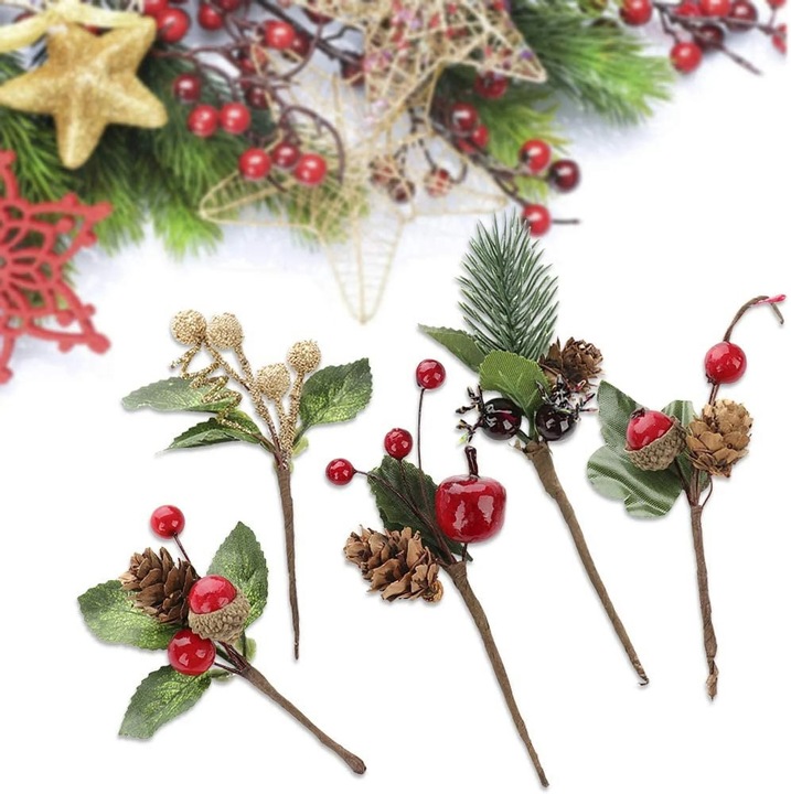 Aranjament floral Craciun YANYXR, 10 conuri artificiale, ramuri fructe rosii, multicolor, 5 buchete
