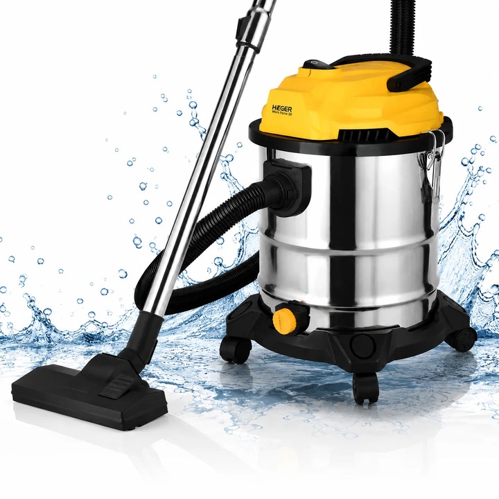Aspirator cu filtrare in apa si absortie lichide HAEGER WORK FORCE 20, Putere 1200W, Capacitate 20L, Functie de golire rezervor si suflare aer, filtru lavabil, Galben