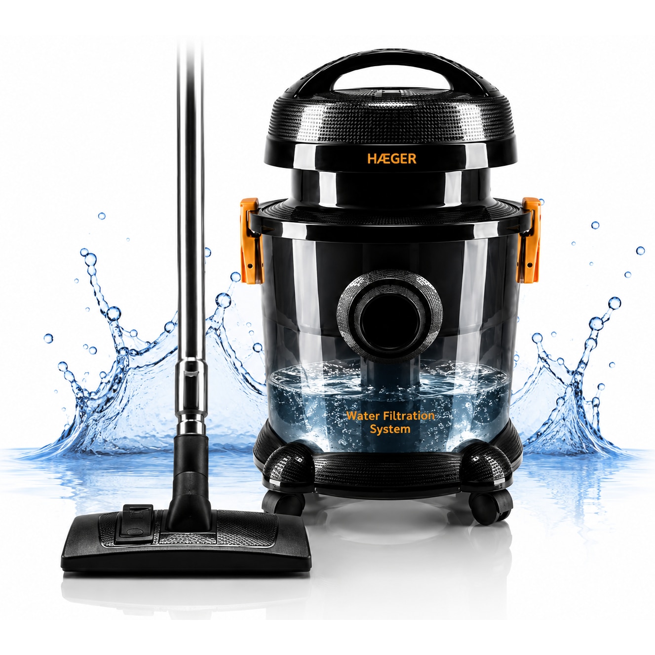 Aspirator Cu Filtrare Prin Apa HAEGER AQUACLEAN VC-12W.044A, Putere 1200 W, Capacitate 9 Litri, Tub Telescopic Metalic, Negru