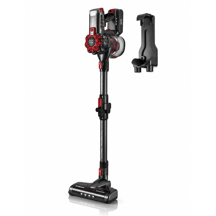 Aspirator fara fir HAEGER JUPITER II, Alimentare 22.2V, tub flexibil, autonomie pana la 40 min, Capacitate 600 ml, nivel zgomot redus, filtrare ciclonica, Perie electrica cu LED, Negru