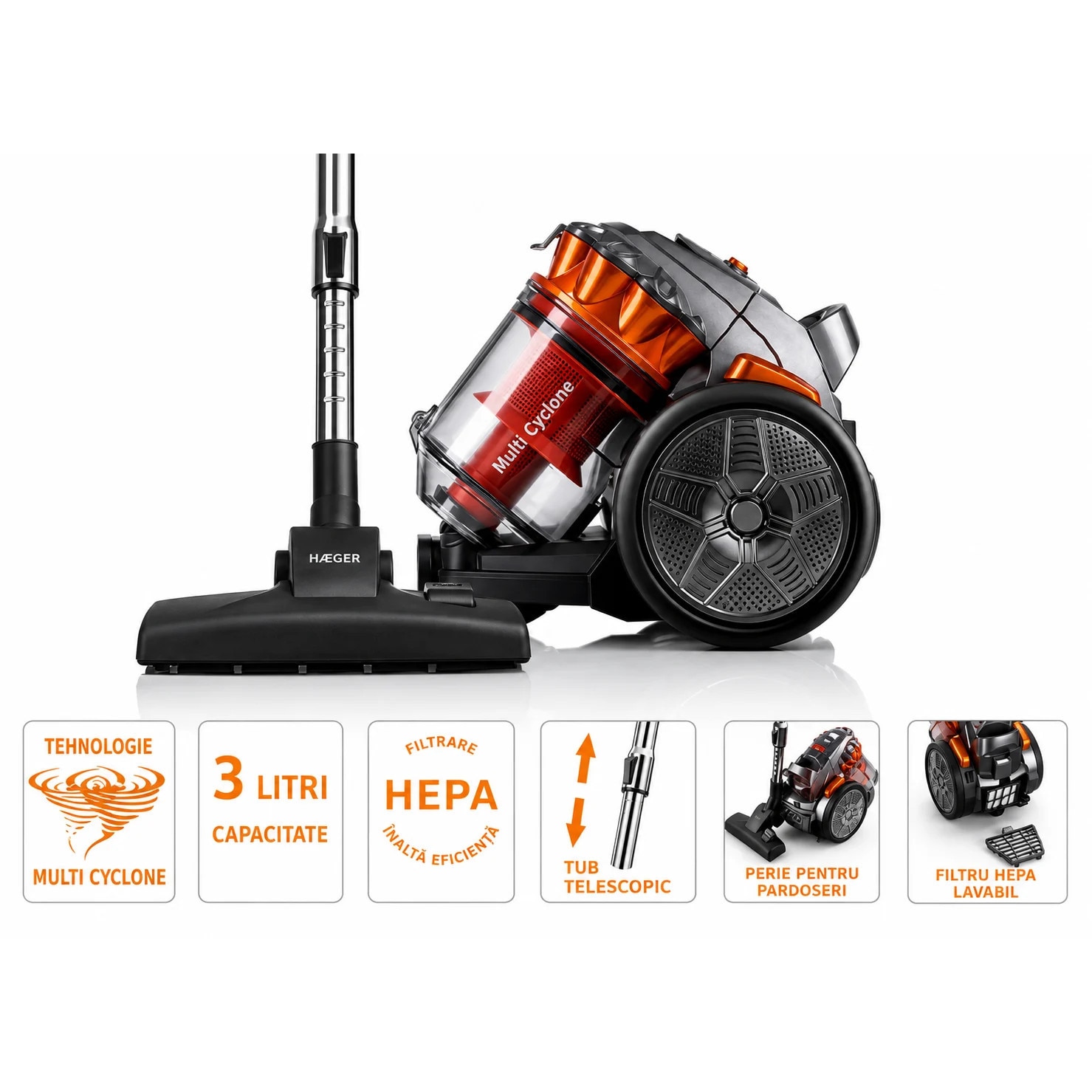 Aspirator fara sac HAEGER MAX CYCLON, Putere 700W, Capacitate 3L, Filtrare multiciclonica in 5 etape, Silentios, Tub telescopic, lungime cablu 5m, Negru