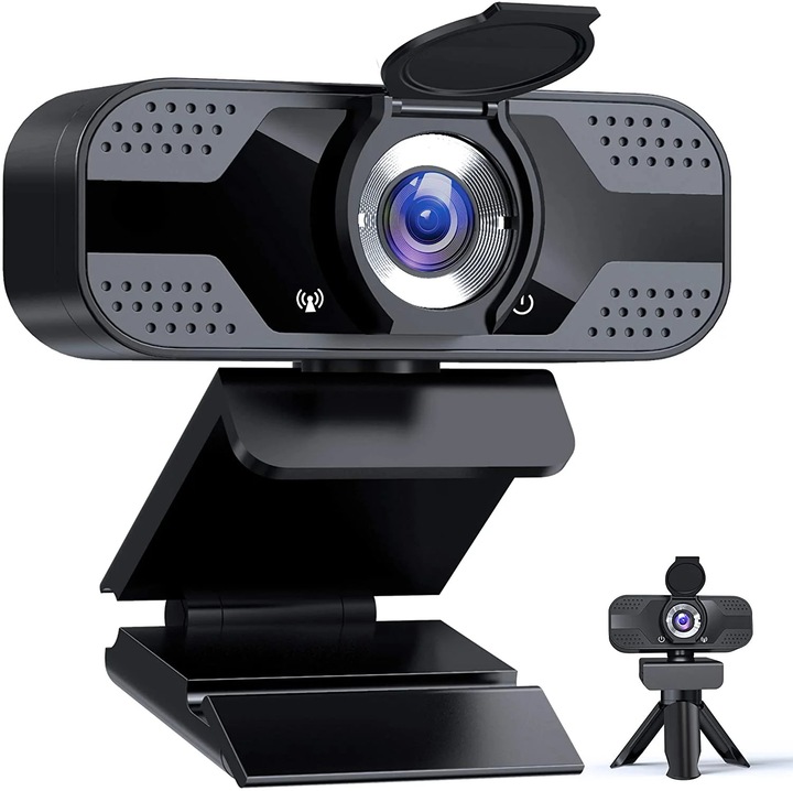 Webcam USB YANYXR 1080P, negru, cu suport triunghiular si capac de confidentialitate