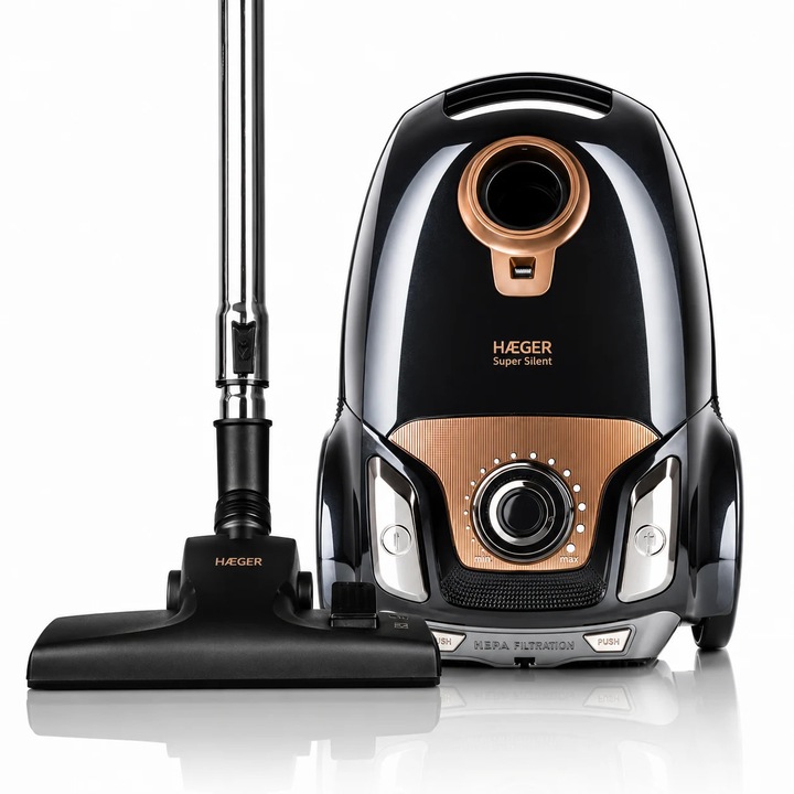 Aspirator cu sac HAEGER SUPER SILENT, Putere 750W, Capacitate sac 4L, Filtru HEPA functionare silentioasa, Clasa energetica A, filtru lavabil, Maro