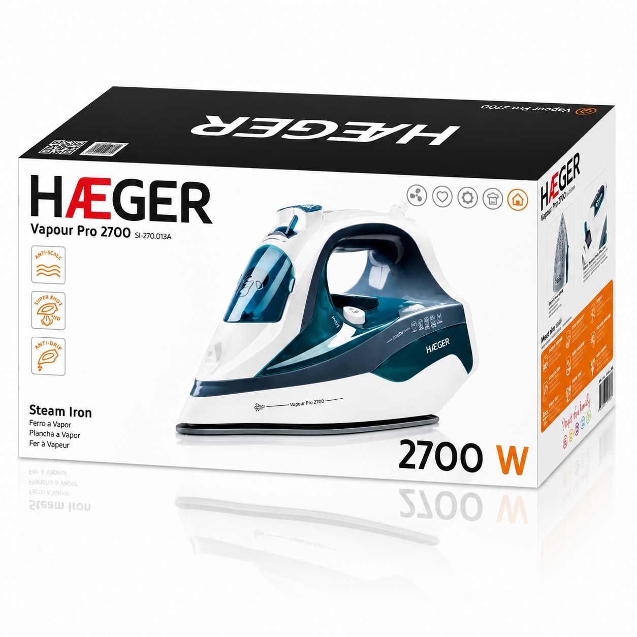 Fier de calcat cu abur HAEGER VAPOUR PRO, Talpa ceramica, 2700W, Jet abur pana la 75g/min, Sistem anti-calcar si auto-curatare, Abur vertical, Albastru