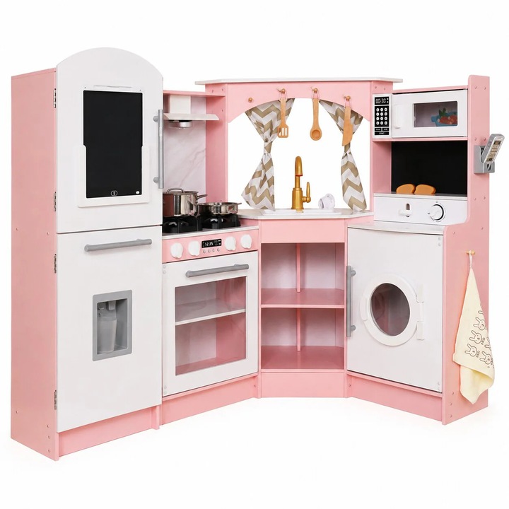 Голяма детска дървена кухня GINGER HOME, ъглова с мивка с течаща вода, звук и светлина, хладилник, микровълнова, пералня, прозорец, завеси и аксесоари, 134x80x99 см