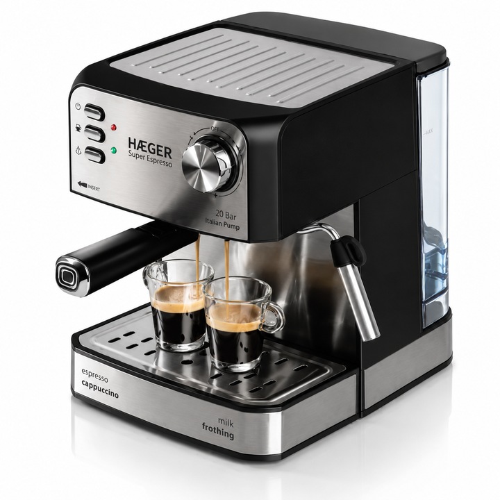 Espressor de cafea HAEGER SUPER ESPRESSO, Presiune 20 bar (pompa ULKA Italia), Cafea macinata si capsule, 1.6L, Extractie intensa cu aroma bogata, Incalzire cesti, Argintiu