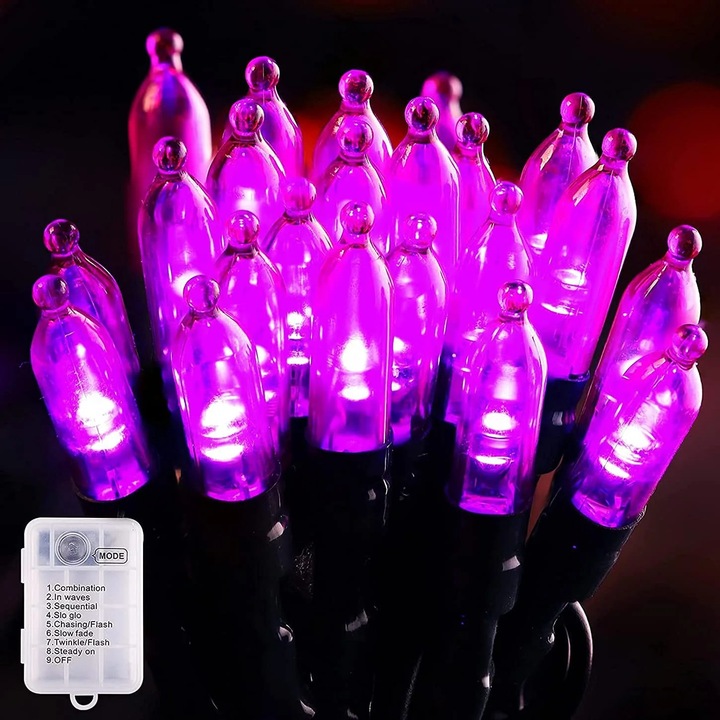 Ghirlanda LED Halloween YANYXR 10m 100 LED-uri mov 8 moduri baterii