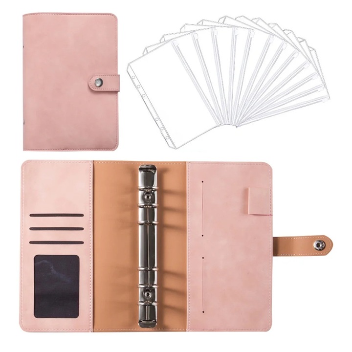 Binder notebook ZYBLSSBB LSM2xh1250-BCS0066549, coperta din piele cu 6 inele, buzunare pentru carduri, suport pix si 12 huse cu fermoar, Bean Paste Pink, 193 x 125 mm
