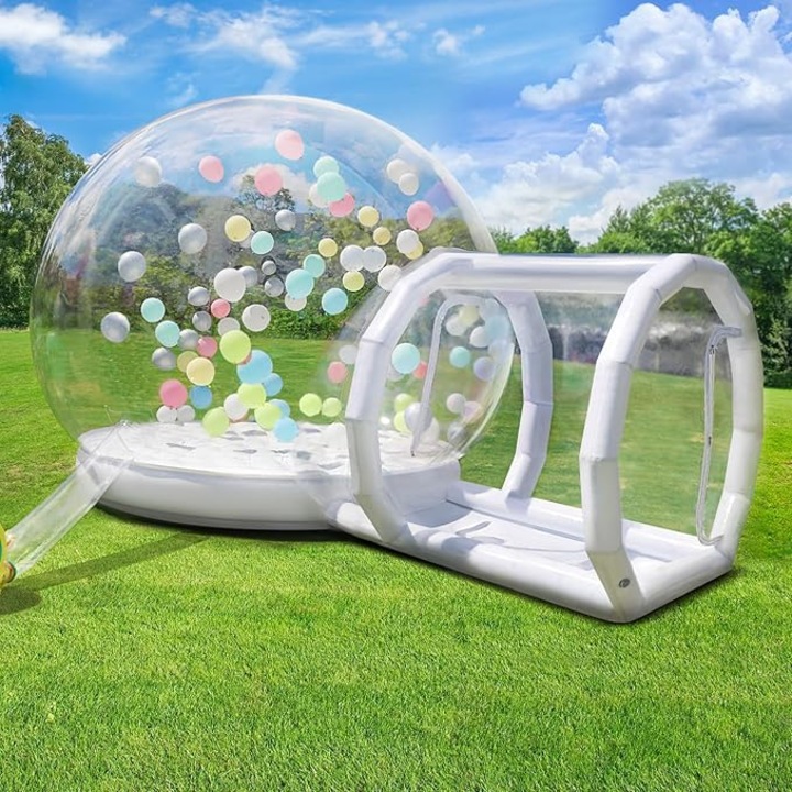 Cort gonflabil tip Bubble House cu trambulina, 300 cm, 4, 85 × 3 × 2, 4 m, din PVC impermeabil, cu suflanta si pompa incluse, pentru gradina, petreceri, nunti si camping