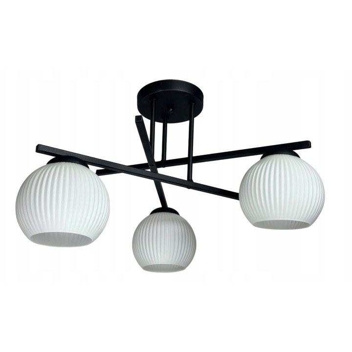 Euro-Lamp Plafoniera NEXUS 3 Neagra 3xE27 Ø51 cm cu Abajururi din Sticla Alba Striata, Lampa Moderna de Tavan – Producator Polonez