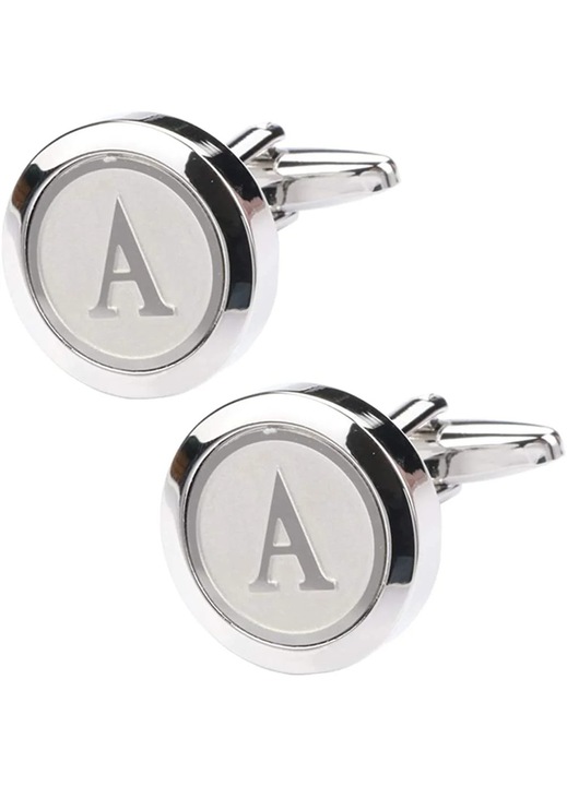 Butoni camasa, ZYBLSSBB, initiale A-Z, argintiu, set 2 buc, metalic