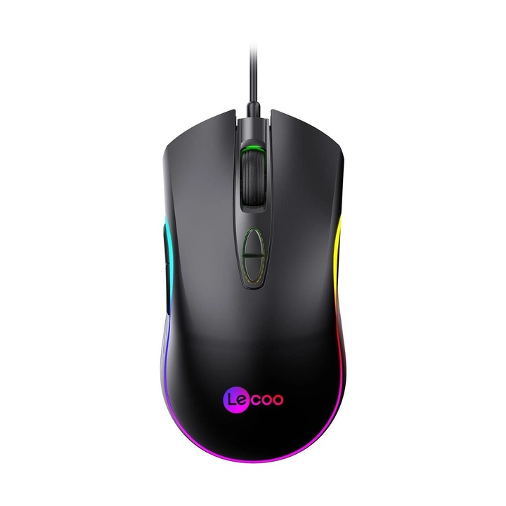 Mouse de gaming cu fir, Lenovo, Lecoo MS108, senzor optic de inalta performanta pana la 6400 DPI, 7 butoane functionale tactice, iluminare RGB spectaculoasa, design ergonomic premium pentru dreptaci, instalare simpla Plug & Play, Negru