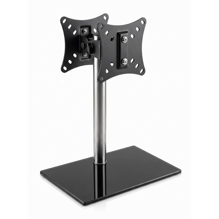 Suport Monitor de Birou, Dublu ELdepo, Independent, Fata-Spate, Diagonala 12-27 Inch, VESA, Baza din Sticla Securizata, Max. 20 kg