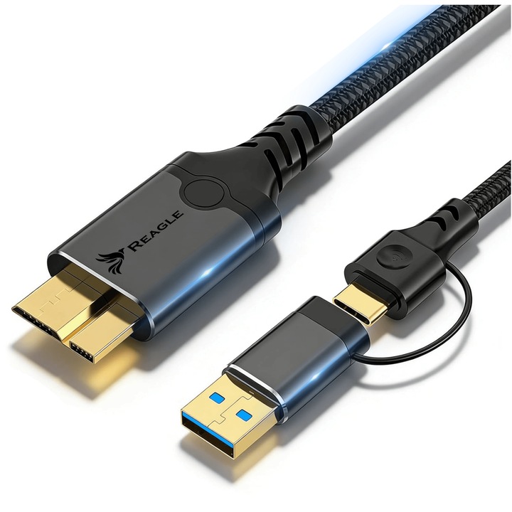 Кабел за данни SuperSpeed USB-A и USB-C 3.2 Gen 2 към Micro USB-B, REAGLE, 2м, Скорост на трансфер 10Gbps, Позлатени конектори, Найлонова оплетка, Адаптер, Подходящ за външни твърди дискове HDD/SSD, Камери, Фотоапарати, Докинг станции