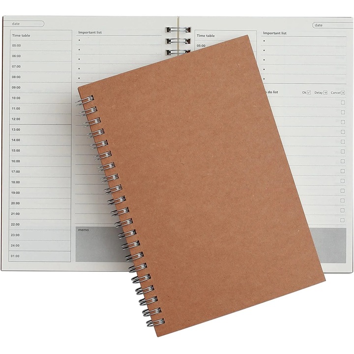 Planificator zilnic nedatat ZYBLSSBB LSM2xh1806-BCS0078143-1, coperta kraft maro spiralata, 50 file, pagini orare si sectiuni de sarcini