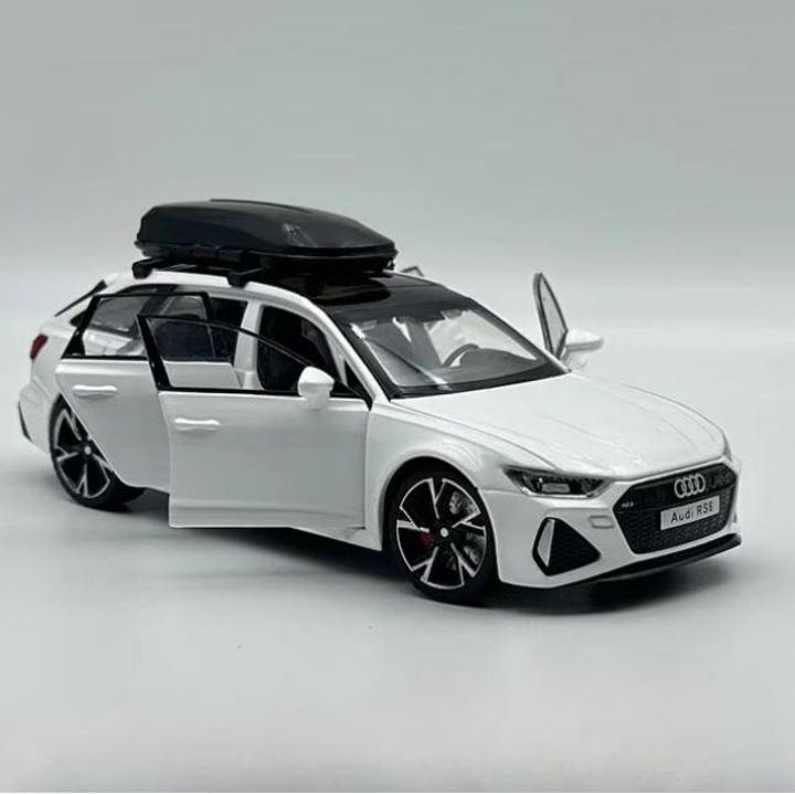 Audi RS6 modell 1:32 méretarányban, levehető csomagtartó, világító első és hátsó lámpák, fém anyag, realisztikus motor, figyelmeztető lámpák és hanghatások, kormányozható kormánykerék, ajtónyitó funkcióval – fehér