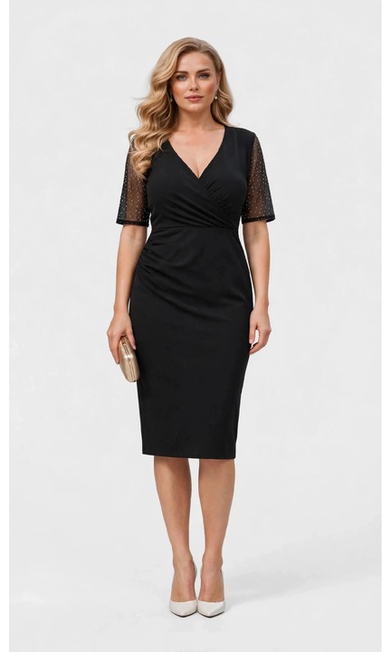 Rochie eleganta, midi, culoare negru, maneci cu strasuri si drapaj, veline, Negru, 42