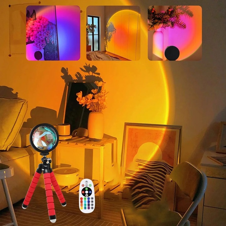 Lampa proiector sunset LED ZYBLSSBB LSM2xh3962-BCS0042890, 16 culori RGB, control APP si telecomanda, cap rotativ 360°, trepied portabil, rosu