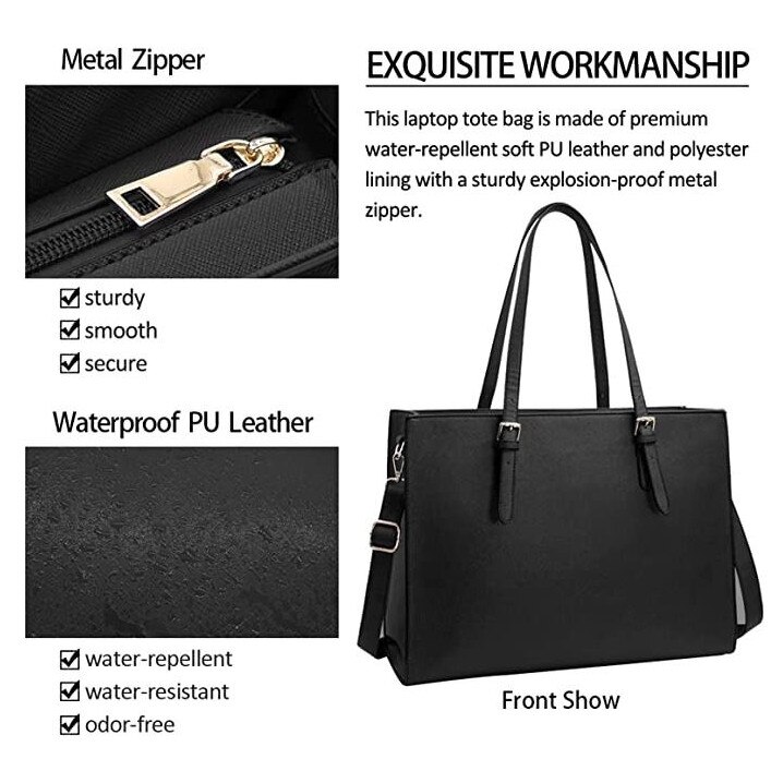 Geanta pentru laptop din piele PU, impermeabila, compartiment captusit pentru laptop 15.6 inch, curea de umar reglabila detasabila, K0312-0711-TD17877, negru, 43 x 14 x 31 cm