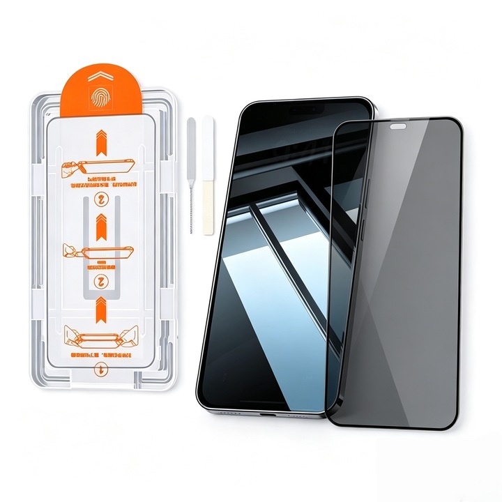 Folie sticla calita privacy cu cutie de instalare fara praf, rezistenta la socuri tip Corning, pozitionare automata, instalare simpla in 3 pasi, anti-privire laterala compatibila cu iPhone 14pro