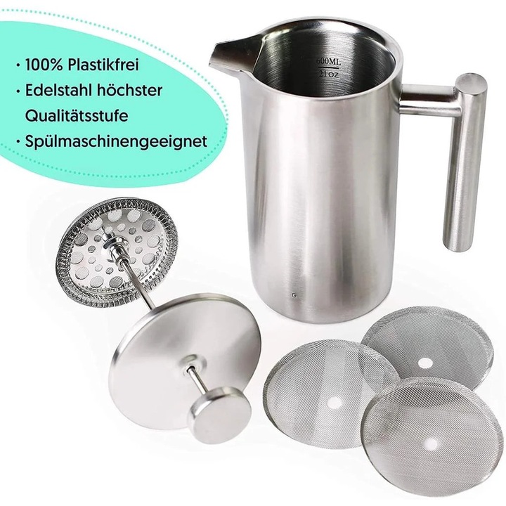 Cafetiera French Press YANYXR inox 1L argintiu 10.2x21cm