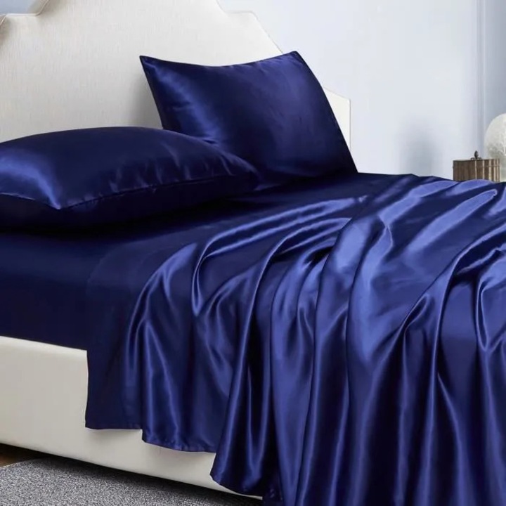 Set lenjerie pat satin, 4 piese, bleumarin, 135x190x36cm, 210x240cm, 51x76cm