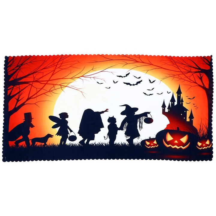 Halloween asztalterítő, poliészter, 60x60cm, narancs-fekete