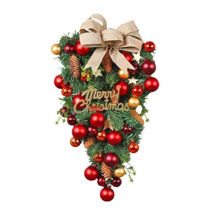 Coronita de Craciun cu globuri si funda, decor artificial, multicolor, 60x40cm