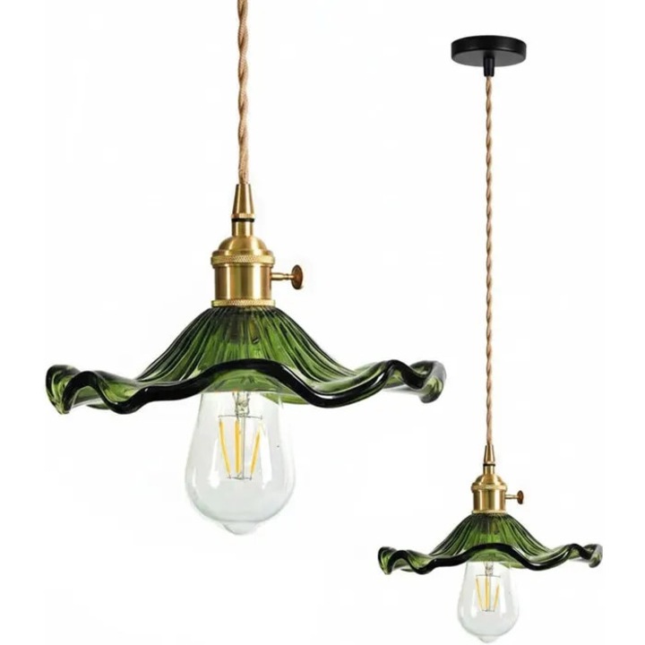 Lampa suspendata mica, sticla transparenta, forma frunza lotus, 23x6cm
